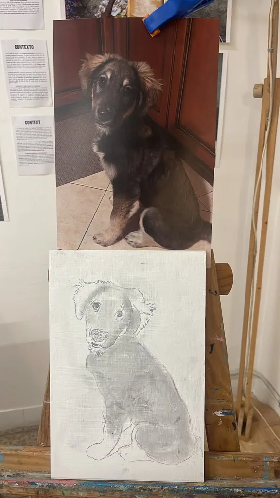 The client’s photo of a brown and black puppy sitting in a corner.