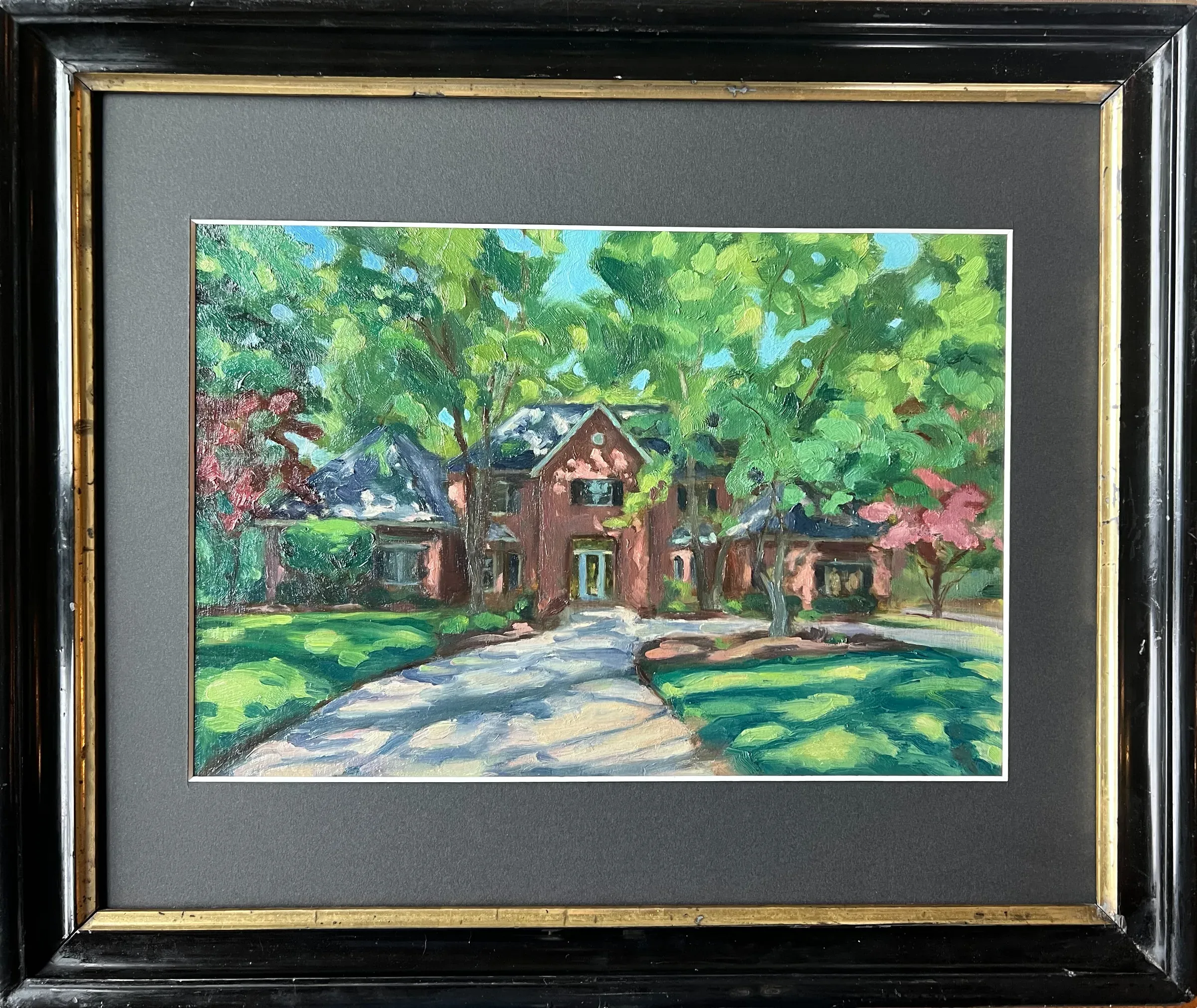 Home Sweet Home, framed oil painting of a brick house and driveway — T. Cheung-Damonte