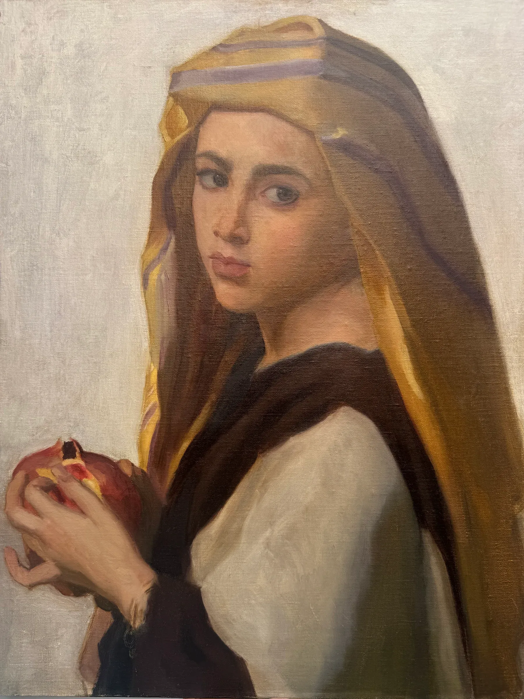 Master copy after Bouguereau, a woman holding a pomegranate, oil on canvas — T. Cheung-Damonte