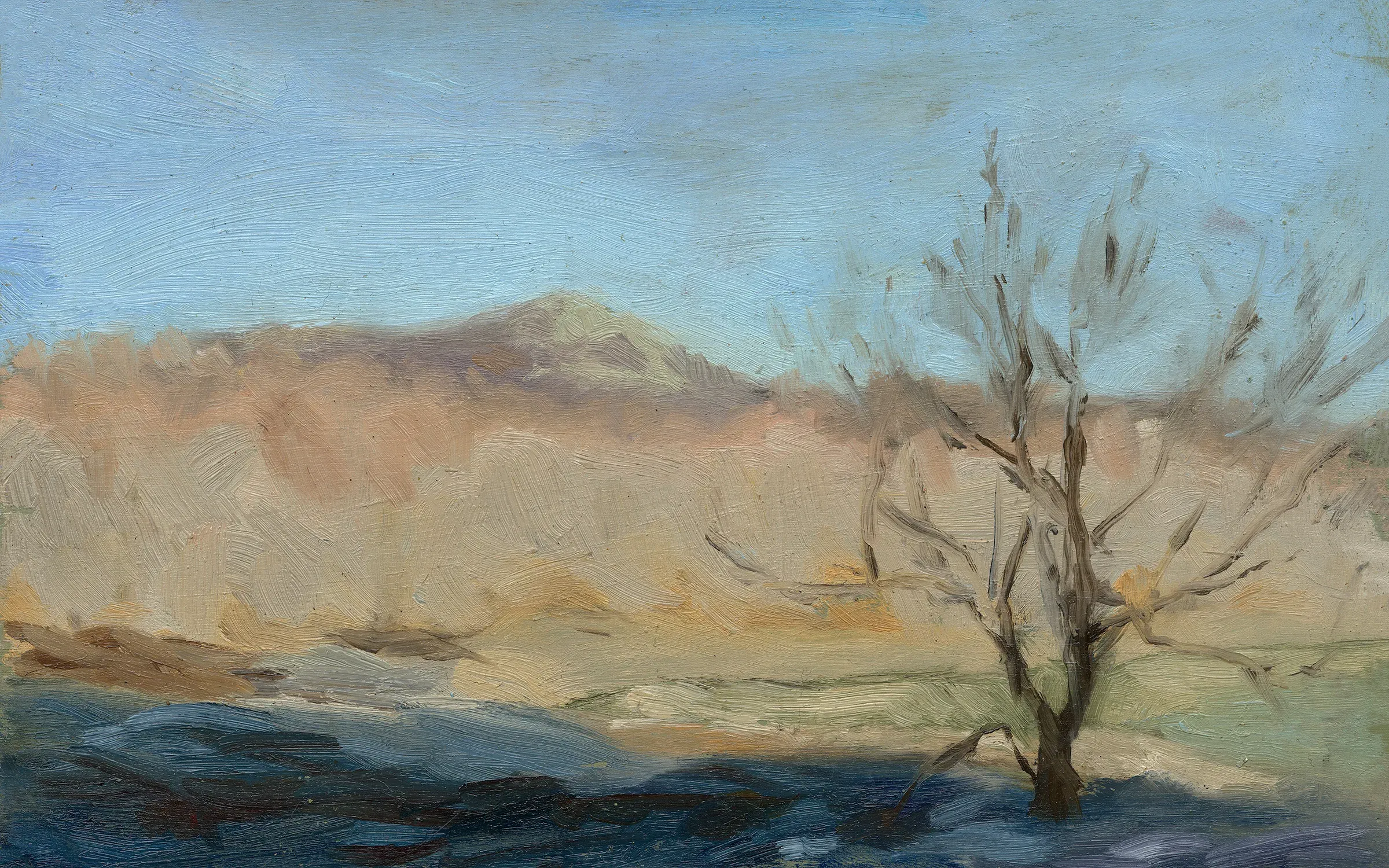 Plum Mountains, oil painting of a bare tree in a mountain landscape — T. Cheung-Damonte