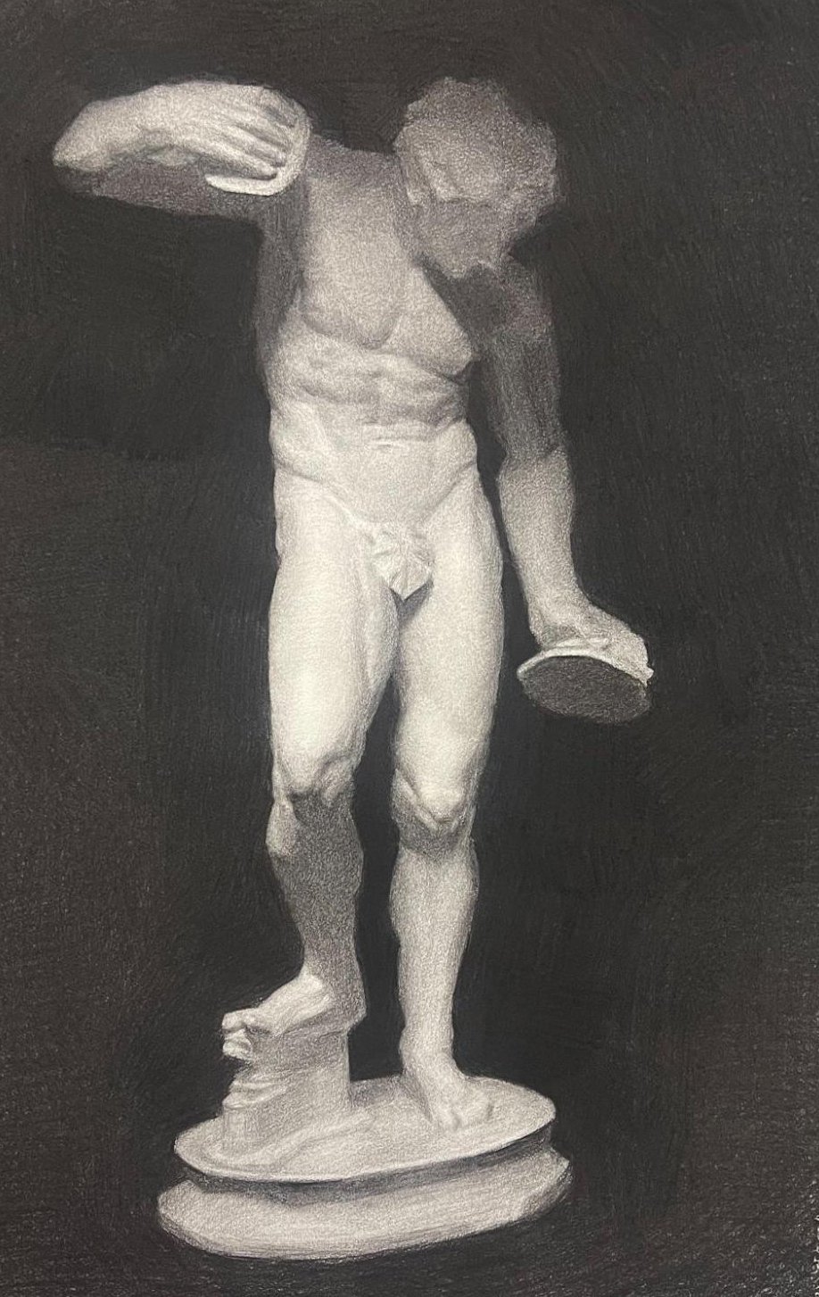 Classical charcoal drawing of plaster cast showing traditional academic drawing technique