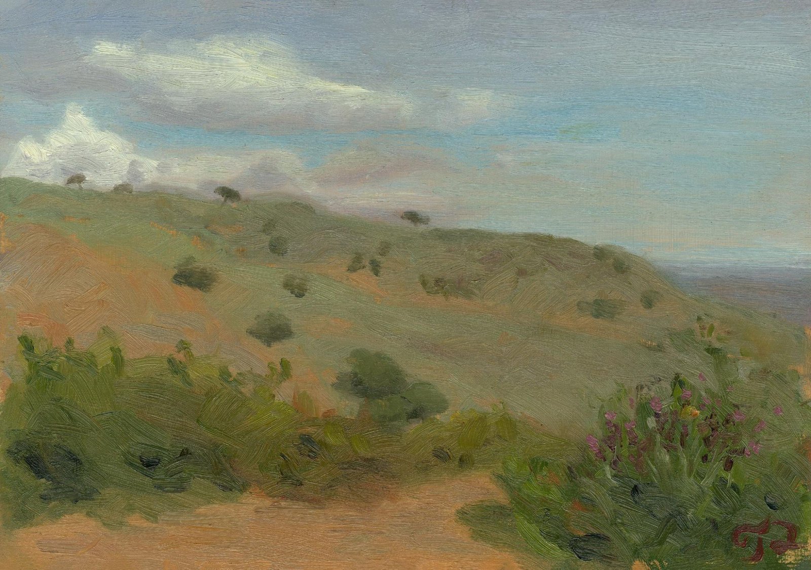 Impressionistic landscape oil painting showing natural light and atmospheric perspective
