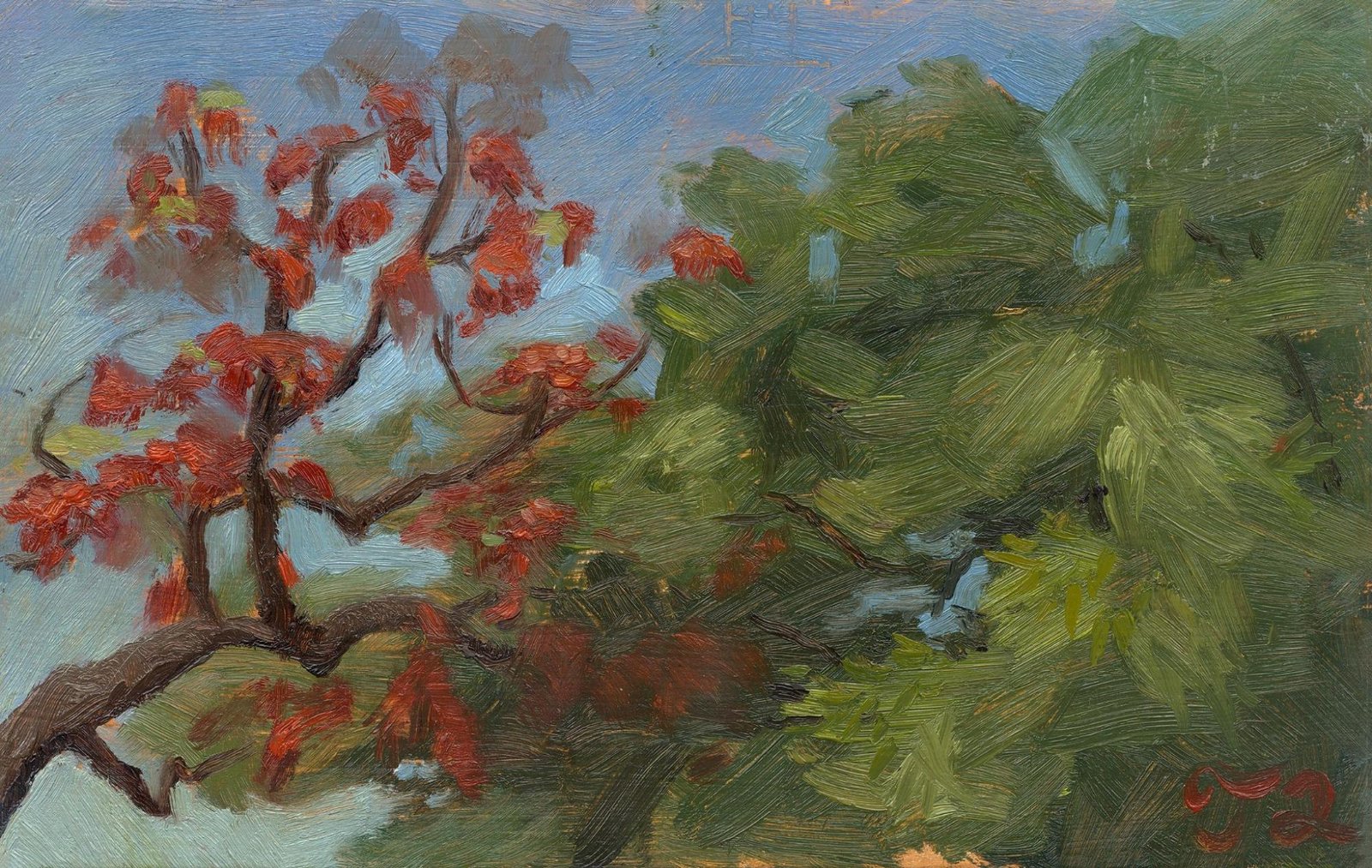 Natural outdoor scene oil painting demonstrating plein air painting technique