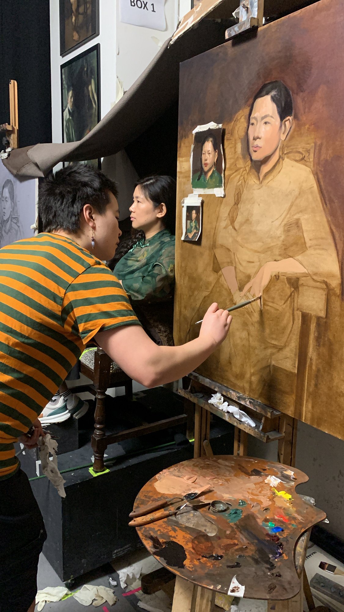 Custom commissioned artwork combining still life and figurative elements in oil painting